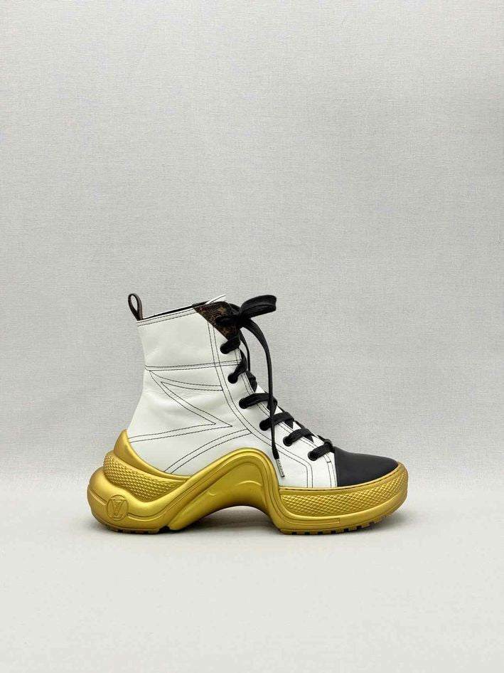 Pre-loved LOUIS VUITTON White w/ Gold Size EU 38.5 Sneaker Boots at Reems Closet