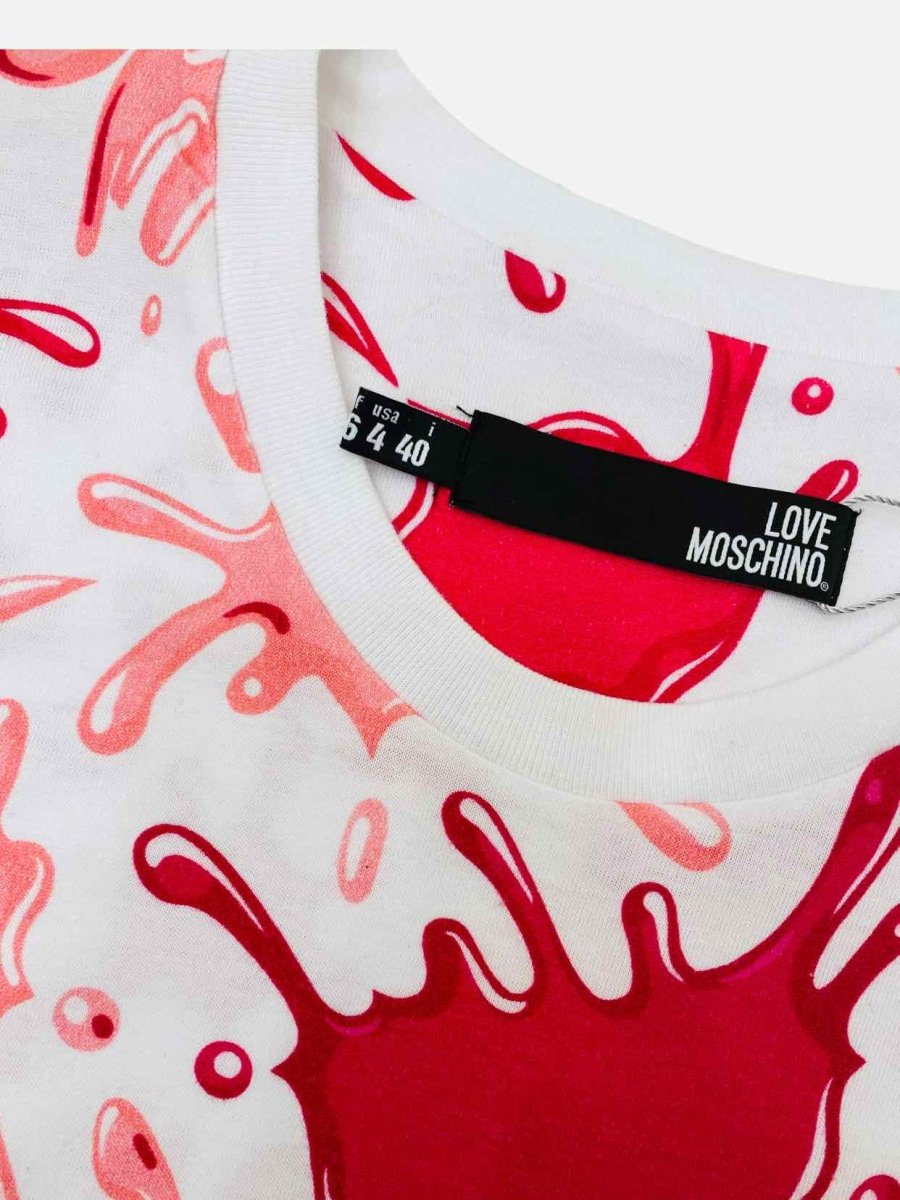 Pre - loved LOVE MOSCHINO White w/ Pink Allover Splash Logo T-shirt at Reems Closet