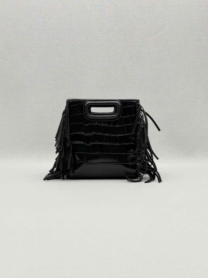 Pre-loved MAJE Fringed M Black Croc Embossed Shoulder Bag at Reems Closet