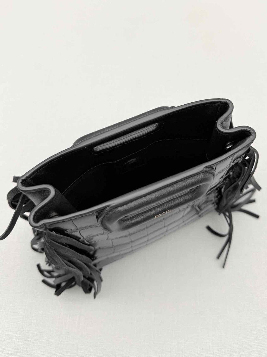 Pre-loved MAJE Fringed M Black Croc Embossed Shoulder Bag at Reems Closet