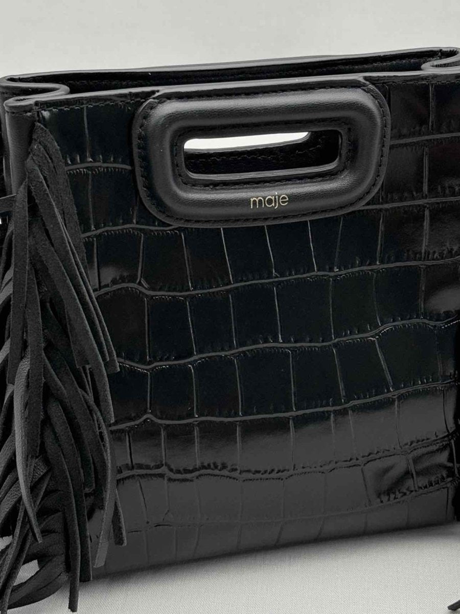 Pre-loved MAJE Fringed M Black Croc Embossed Shoulder Bag at Reems Closet