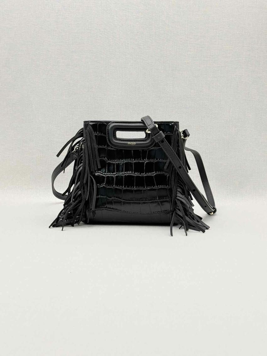 Pre-loved MAJE Fringed M Black Croc Embossed Shoulder Bag at Reems Closet
