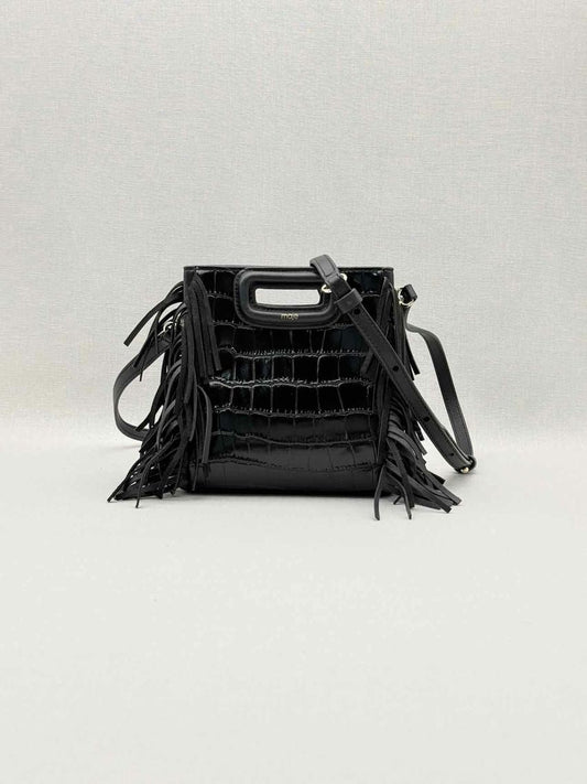 Pre-loved MAJE Fringed M Black Croc Embossed Shoulder Bag at Reems Closet