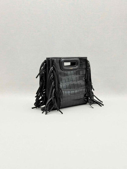 Pre-loved MAJE Fringed M Black Croc Embossed Shoulder Bag at Reems Closet