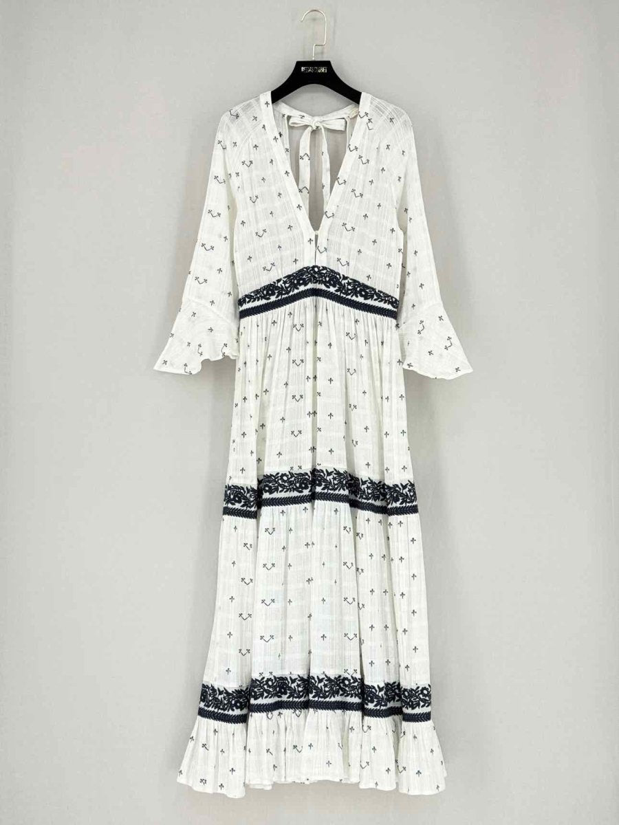 Pre - loved MAJE Ribiza White & Blue Floral Size Small Midi Dress at Reems Closet