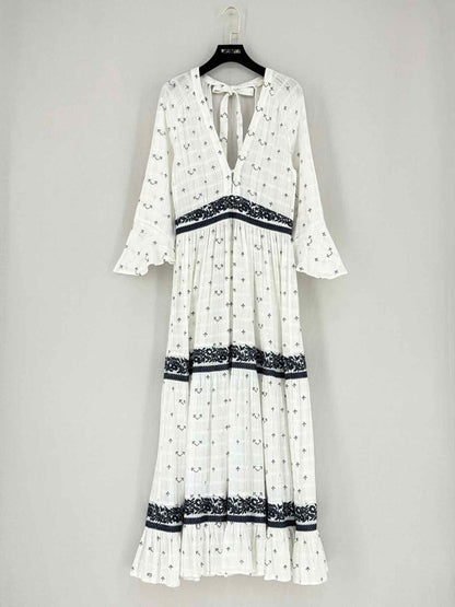 Pre - loved MAJE Ribiza White & Blue Floral Size Small Midi Dress at Reems Closet