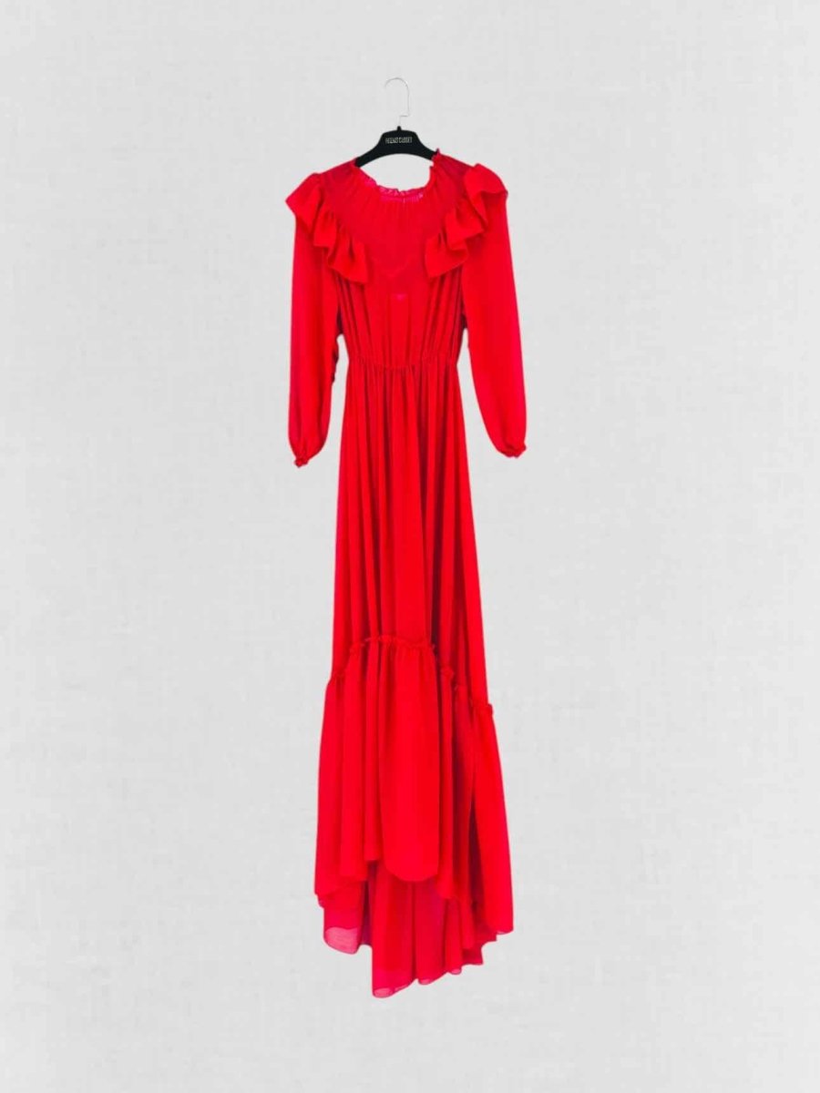 Pre - loved MAJE Ruffle Trim Red Size US 4 Long Dress at Reems Closet