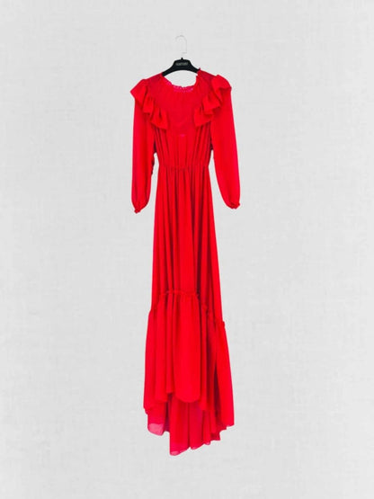 Pre - loved MAJE Ruffle Trim Red Size US 4 Long Dress at Reems Closet