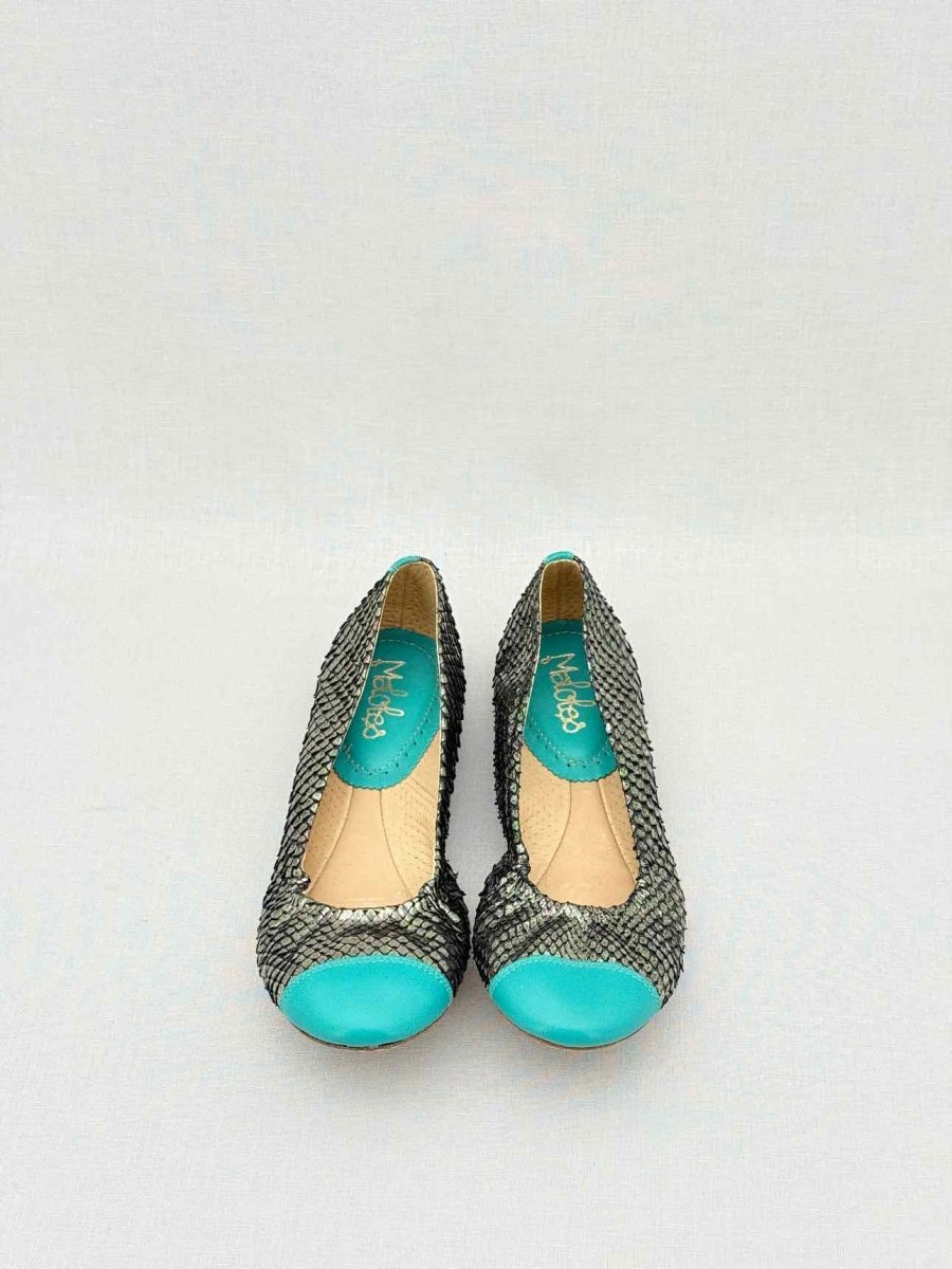 Pre - loved MALOBES Silver & Blue Snakeskin Size EU 35 Ballet Flats at Reems Closet