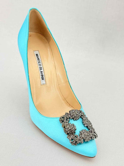 Pre - loved MANOLO BLAHNIK Hangisi Aqua Size EU 38 Pumps at Reems Closet