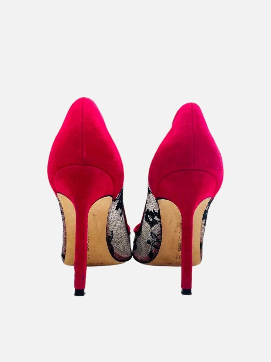 Pre - loved MANOLO BLAHNIK Red & Black Lace Pumps at Reems Closet