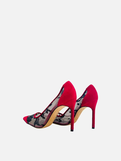 Pre - loved MANOLO BLAHNIK Red & Black Lace Pumps at Reems Closet