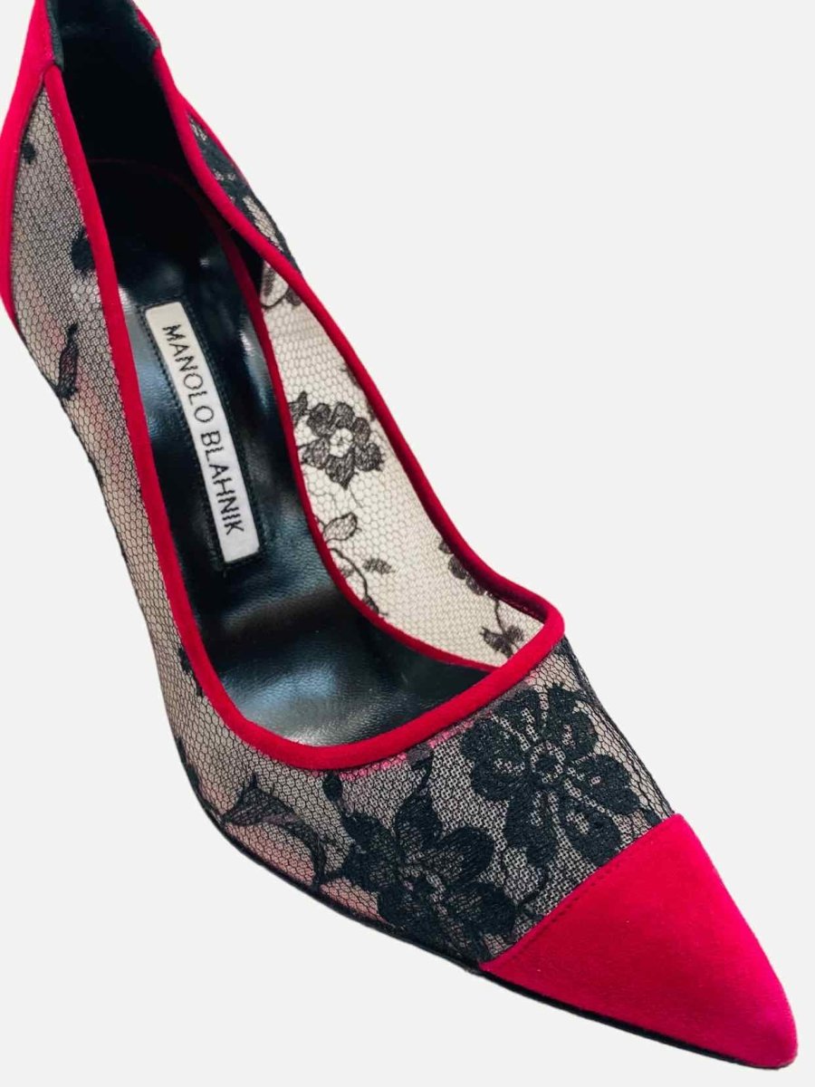 Pre - loved MANOLO BLAHNIK Red & Black Lace Pumps at Reems Closet