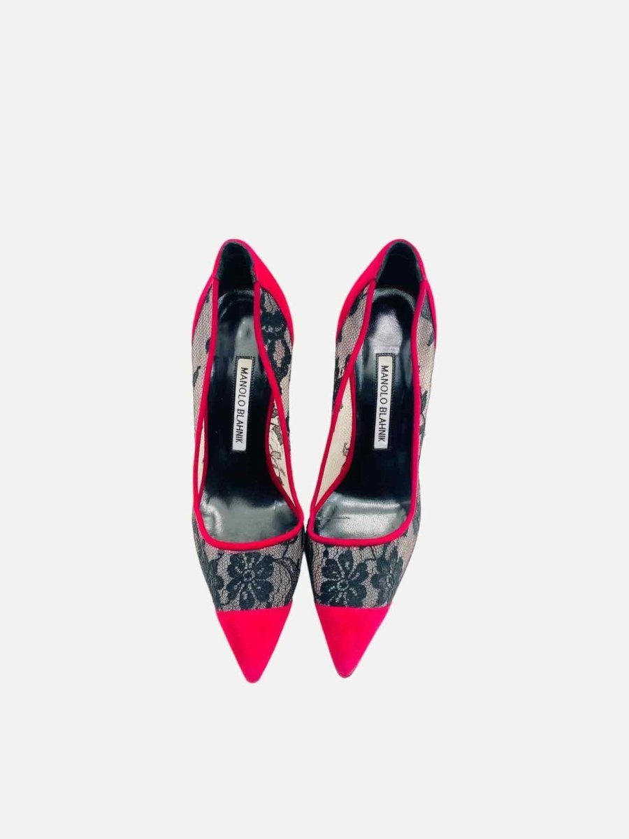 Pre - loved MANOLO BLAHNIK Red & Black Lace Pumps at Reems Closet