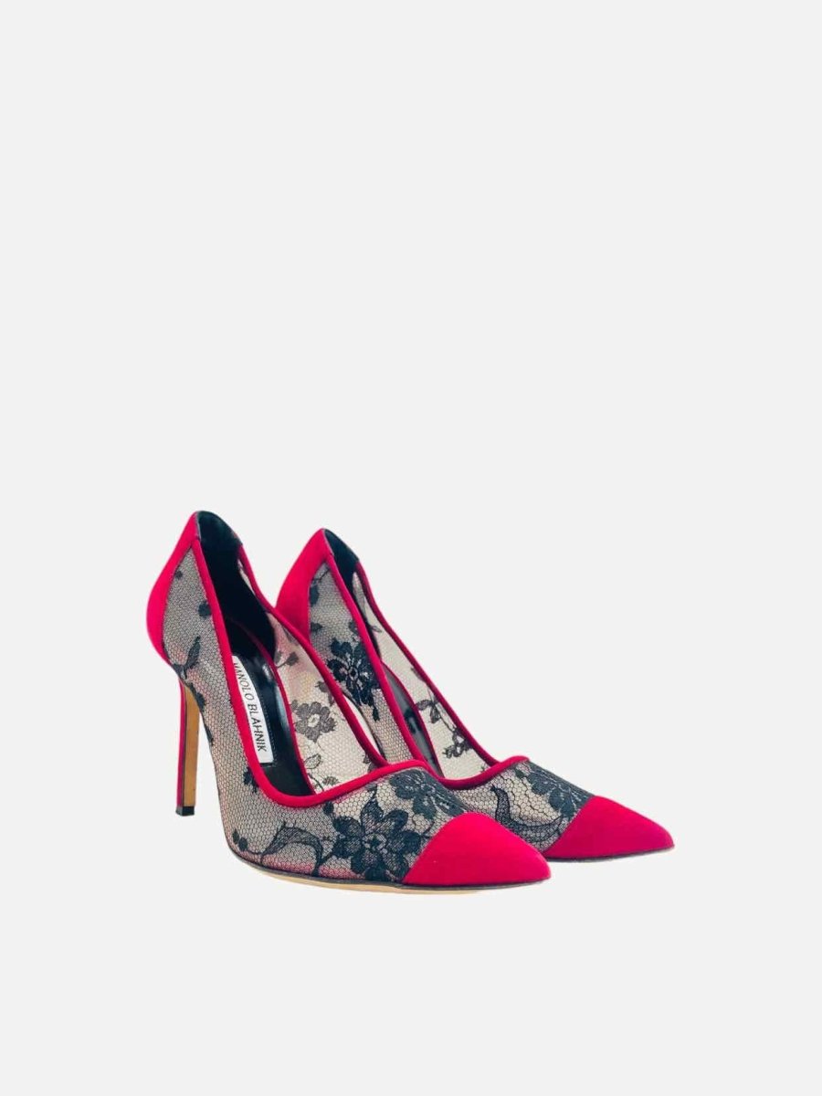 Pre - loved MANOLO BLAHNIK Red & Black Lace Pumps at Reems Closet