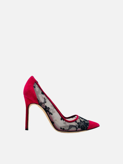 Pre - loved MANOLO BLAHNIK Red & Black Lace Pumps at Reems Closet