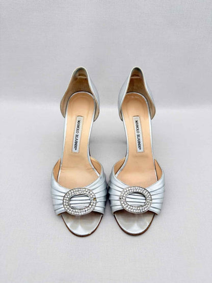 Pre-loved MANOLO BLAHNIK Silver Size EU 38.5 Heeled Sandals at Reems Closet