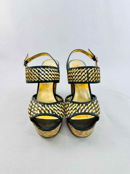 Pre - loved MARC BY MARC JACOBS Cork Gold & Black Woven Wedges 39 at Reems Closet