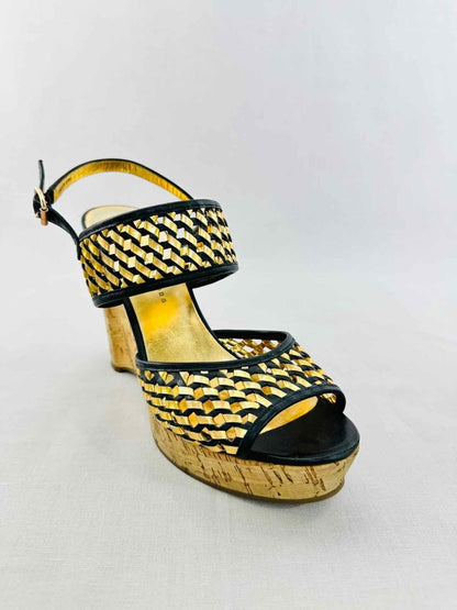 Pre - loved MARC BY MARC JACOBS Cork Gold & Black Woven Wedges 39 at Reems Closet