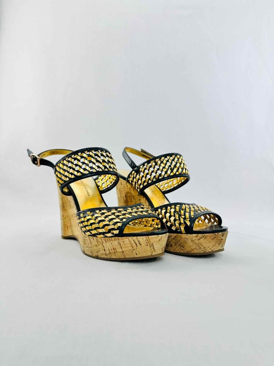 Pre - loved MARC BY MARC JACOBS Cork Gold & Black Woven Wedges 39 at Reems Closet