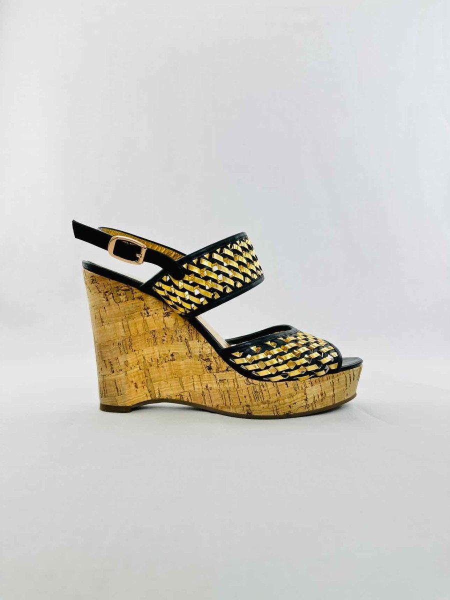 Pre - loved MARC BY MARC JACOBS Cork Gold & Black Woven Wedges 39 at Reems Closet