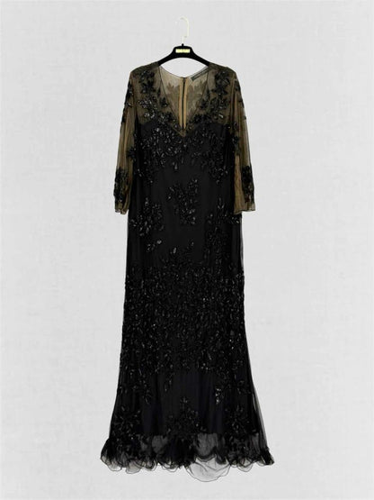 Pre-loved MARINA RINALDI Black Floral Lace Size Large Long Dress at Reems Closet