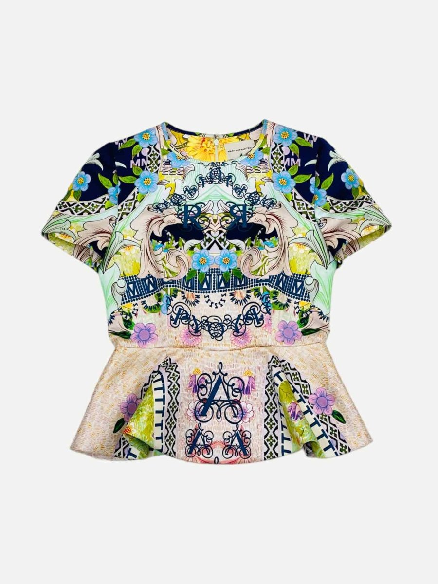 Pre - loved MARY KATRANTZOU Peplum Pink Multicolor Print Top at Reems Closet