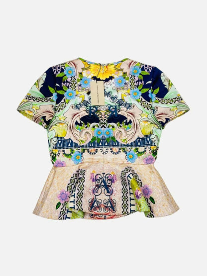 Pre - loved MARY KATRANTZOU Peplum Pink Multicolor Print Top at Reems Closet