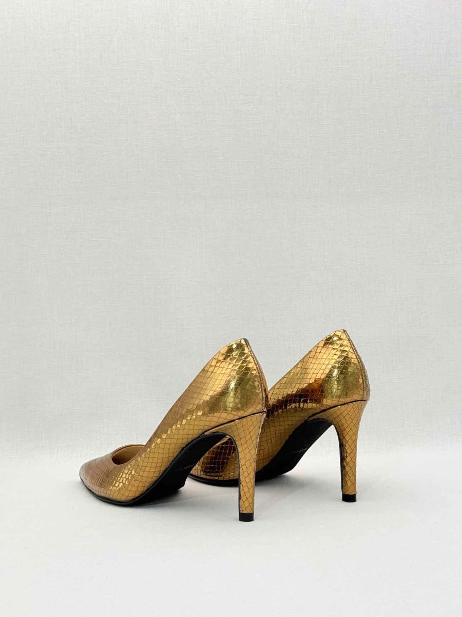 Pre - loved MASCARO Metallic Gold Embossed Size EU 38 Pumps at Reems Closet