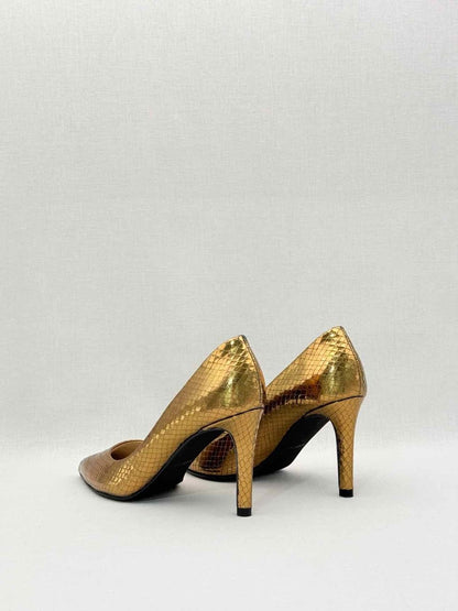 Pre - loved MASCARO Metallic Gold Embossed Size EU 38 Pumps at Reems Closet