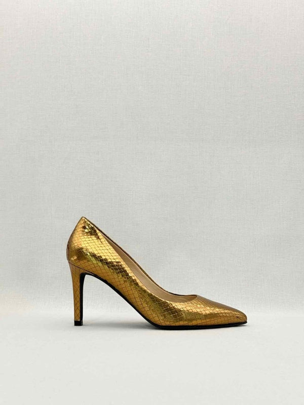 Pre - loved MASCARO Metallic Gold Embossed Size EU 38 Pumps at Reems Closet