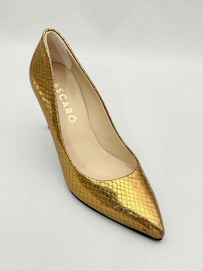 Pre - loved MASCARO Metallic Gold Embossed Size EU 38 Pumps at Reems Closet