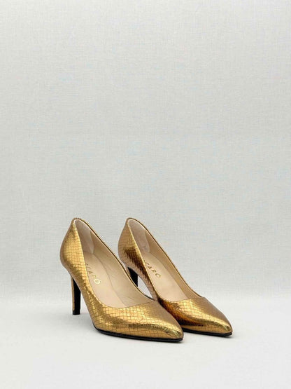 Pre - loved MASCARO Metallic Gold Embossed Size EU 38 Pumps at Reems Closet