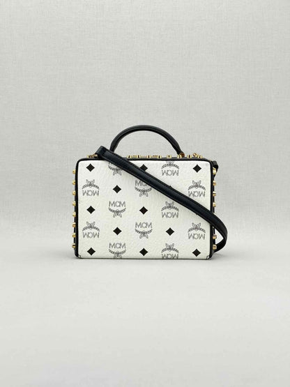 Pre - loved MCM Berline Visetos Box White & Black Crossbody at Reems Closet