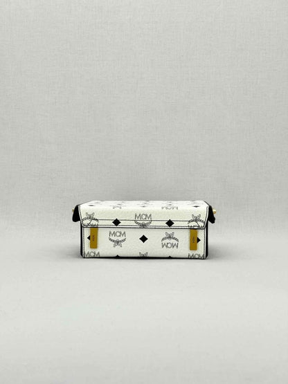 Pre - loved MCM Berline Visetos Box White & Black Crossbody at Reems Closet