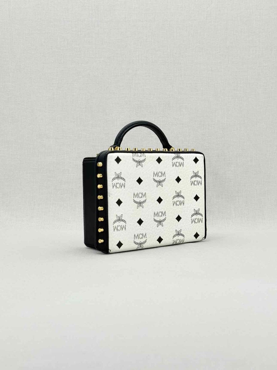 Pre - loved MCM Berline Visetos Box White & Black Crossbody at Reems Closet