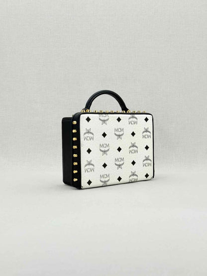 Pre - loved MCM Berline Visetos Box White & Black Crossbody at Reems Closet