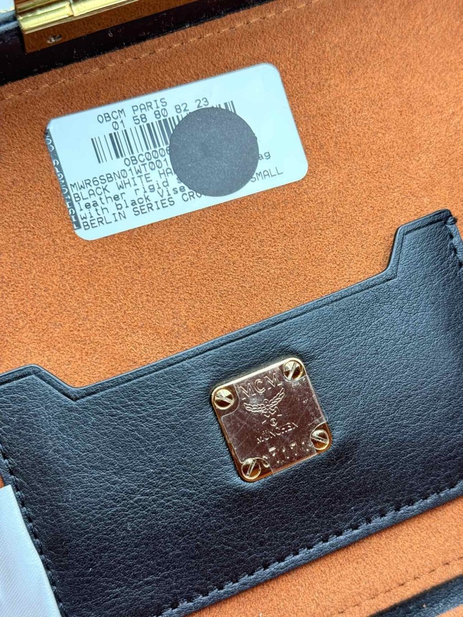 Pre - loved MCM Berline Visetos Box White & Black Crossbody at Reems Closet