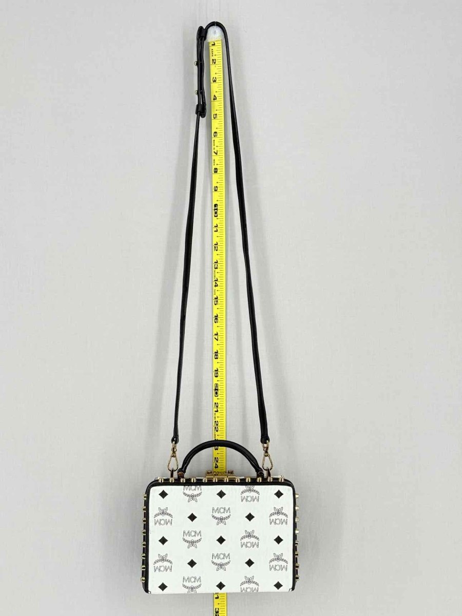Pre - loved MCM Berline Visetos Box White & Black Crossbody at Reems Closet