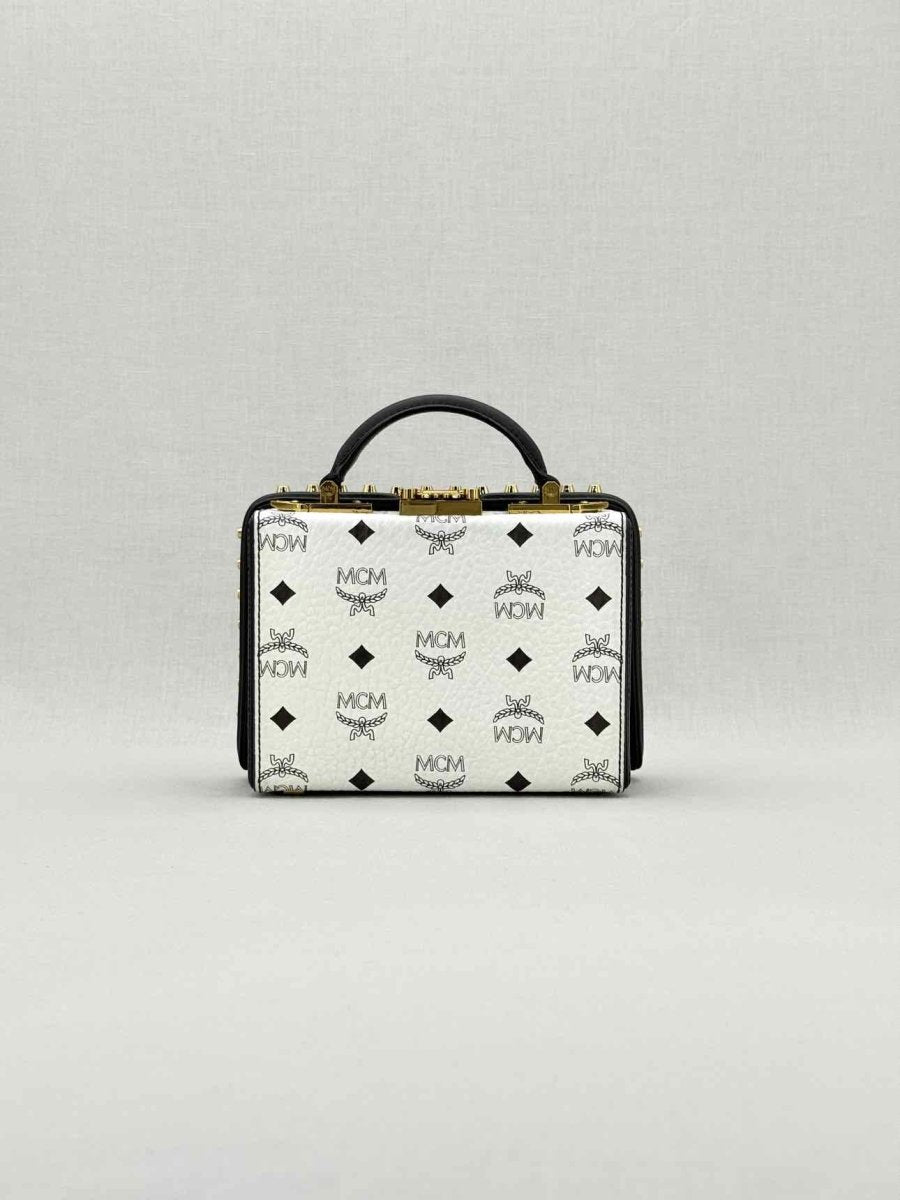 Pre - loved MCM Berline Visetos Box White & Black Crossbody at Reems Closet