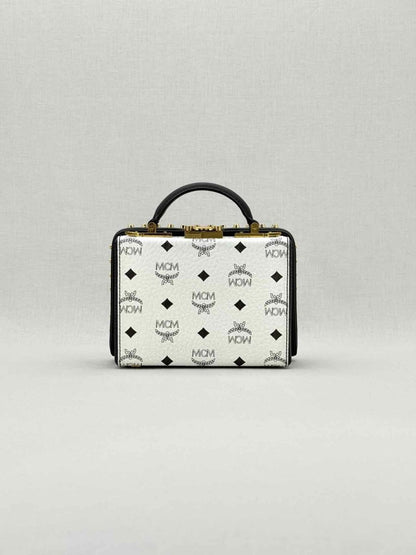 Pre - loved MCM Berline Visetos Box White & Black Crossbody at Reems Closet