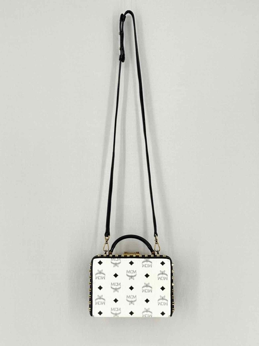 Pre - loved MCM Berline Visetos Box White & Black Crossbody at Reems Closet