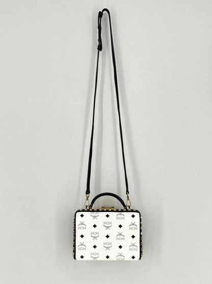 Pre - loved MCM Berline Visetos Box White & Black Crossbody at Reems Closet