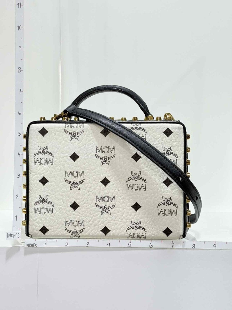 Pre - loved MCM Berline Visetos Box White & Black Crossbody at Reems Closet