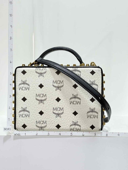 Pre - loved MCM Berline Visetos Box White & Black Crossbody at Reems Closet