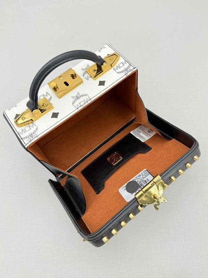 Pre - loved MCM Berline Visetos Box White & Black Crossbody at Reems Closet