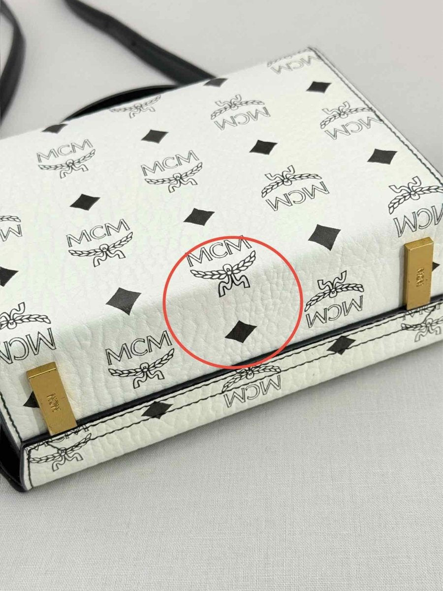 Pre - loved MCM Berline Visetos Box White & Black Crossbody at Reems Closet