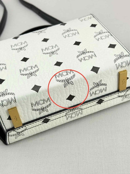 Pre - loved MCM Berline Visetos Box White & Black Crossbody at Reems Closet