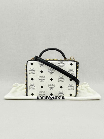 Pre - loved MCM Berline Visetos Box White & Black Crossbody at Reems Closet