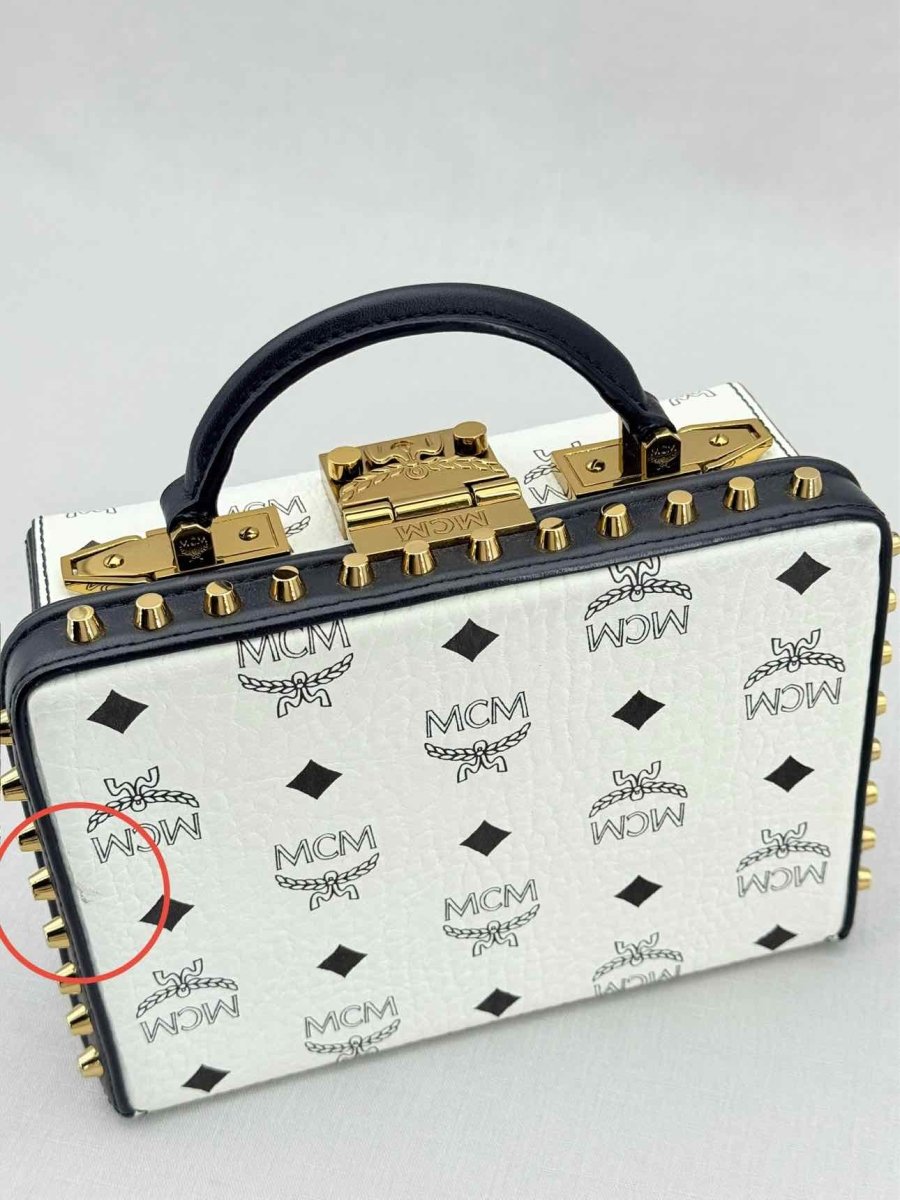 Pre - loved MCM Berline Visetos Box White & Black Crossbody at Reems Closet